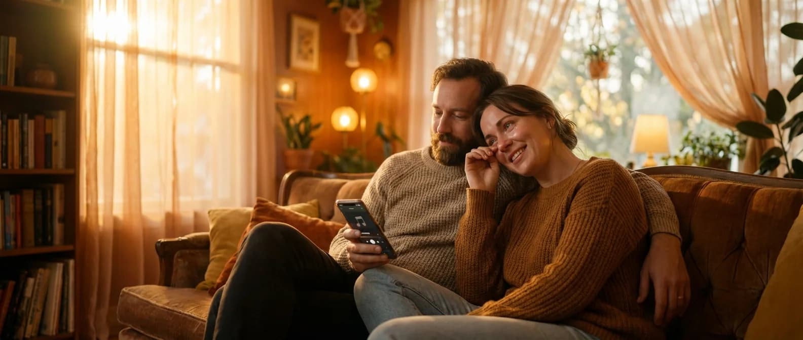 Couple sharing a quiet moment over a personalized anniversary song